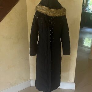 Jennifer Lopez Long Black Puffer Coat with Faux Fur Hood